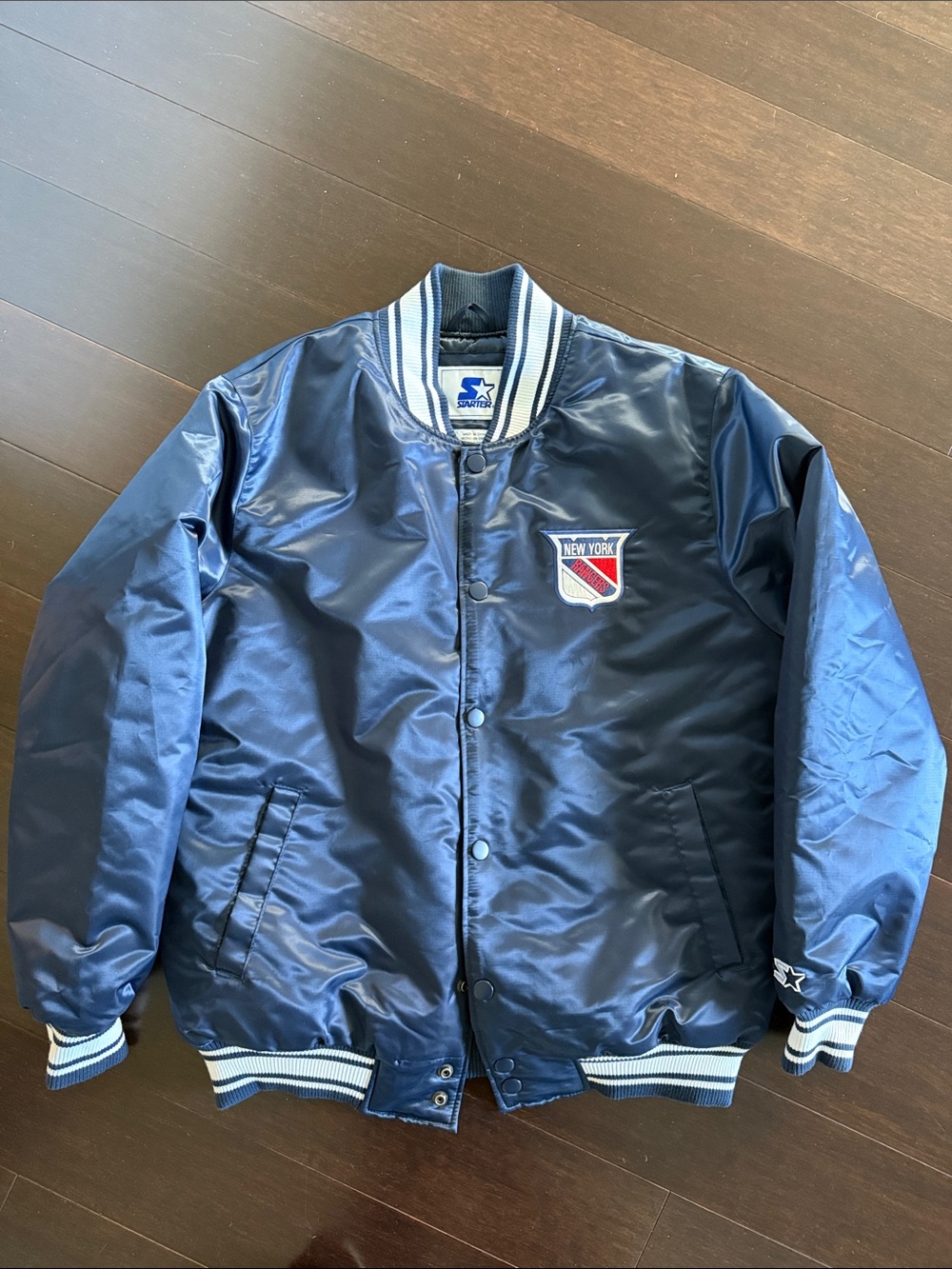 STARTER Navy NEW YORK RANGERS Satin Bomber Jacket